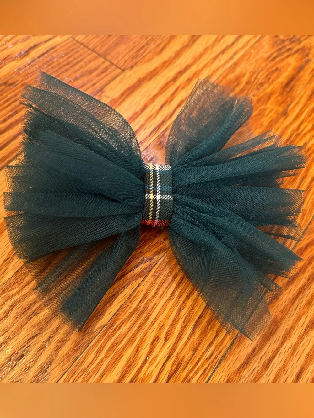 Dark Green Tulle Bow Hair Clip with Plaid Center - Kids Accessories